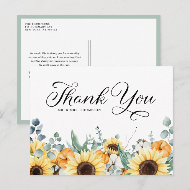 Postal Calabazas y Girasoles Agradecimiento de Boda de Ot (Anverso / Reverso)