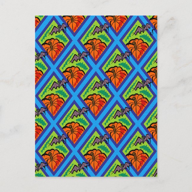 Postal Calabazas y murciélagos en patrones de verde/azul (Anverso)