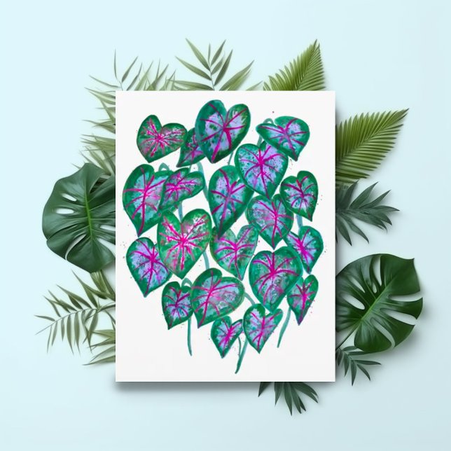 Postal Caladios Artes acuáticas de hojas rosas y verdes (Colorful watercolor caladium leaves postcard. Customize with your own text.)
