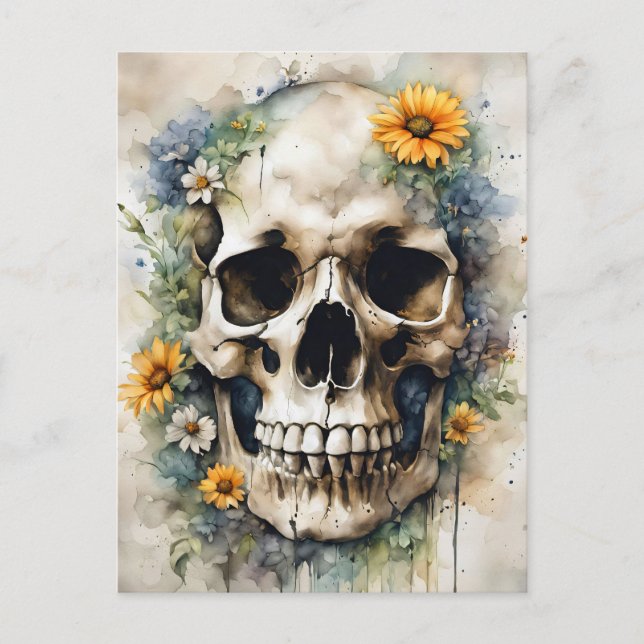 Postal Calavera acuarela con flores silvestres (Anverso)