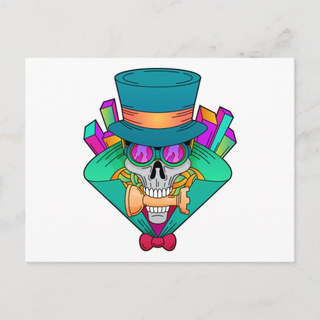 Postal Calavera ajedrecista con pieza de ajedrez torre (Anverso)