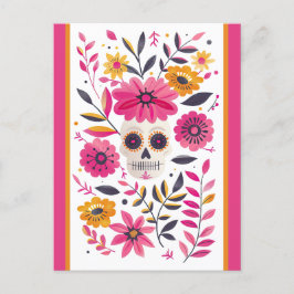Postal Calavera azucarera fucsia flores mexicanas cinco d
