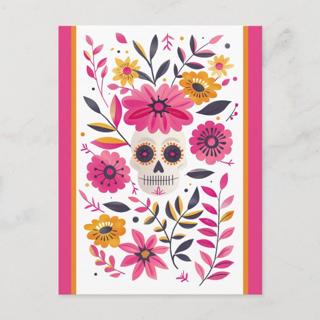Postal Calavera azucarera fucsia flores mexicanas cinco d (Anverso)