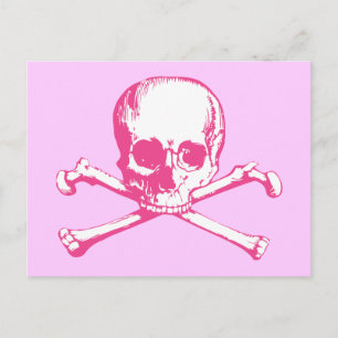 Postal Calavera clásica rosa y huesos cruzados
