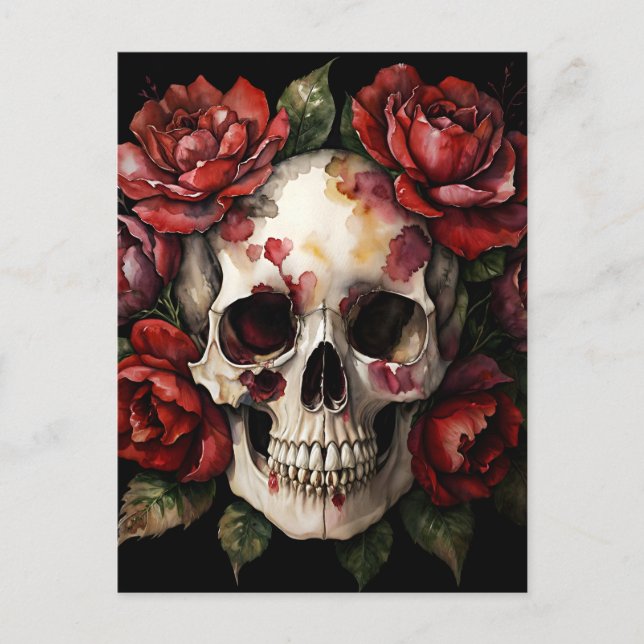 Postal Calavera con agua de rosas rojas (Anverso)