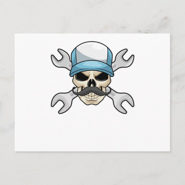 Postal Calavera con Bigote y Llave Inglesa (Anverso)