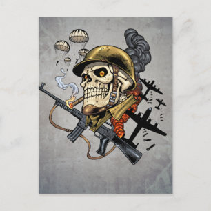 Postal Calavera con casco, aviones y bombas