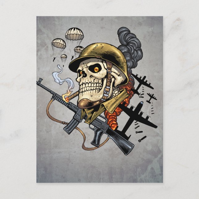 Postal Calavera con casco, aviones y bombas (Anverso)