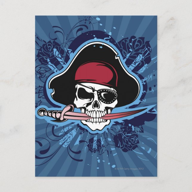 Postal Calavera con el gorra del pirata, parche y espada (Anverso)