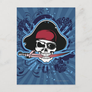 Postal Calavera con el gorra del pirata, parche y espada