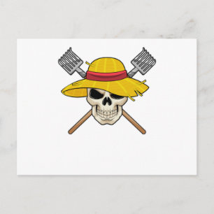 Postal Calavera con Gorra como granjero con torta
