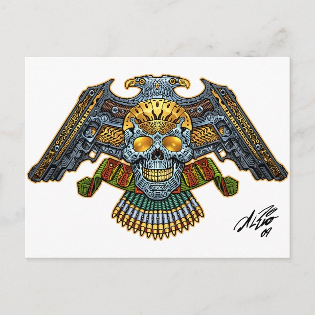 Postal Calavera con pistolas y balas de Al Rio (Anverso)