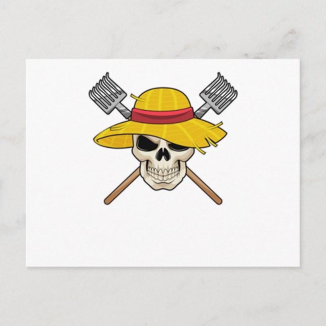 Postal Calavera con sombrero como granjero con rastrillo (Anverso)