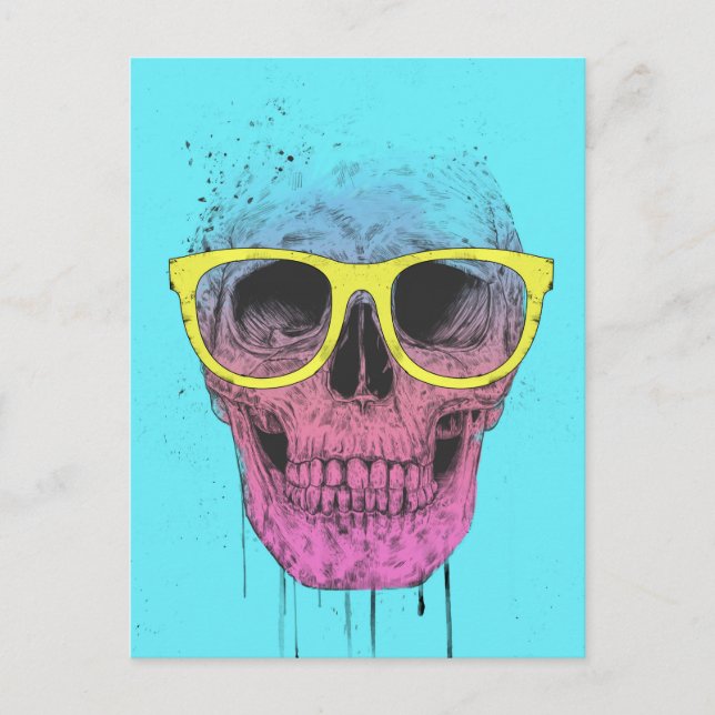 Postal Calavera de arte pop con gafas (Anverso)