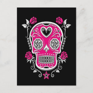Postal Calavera de azúcar blanco y rosa con Rosas en negr