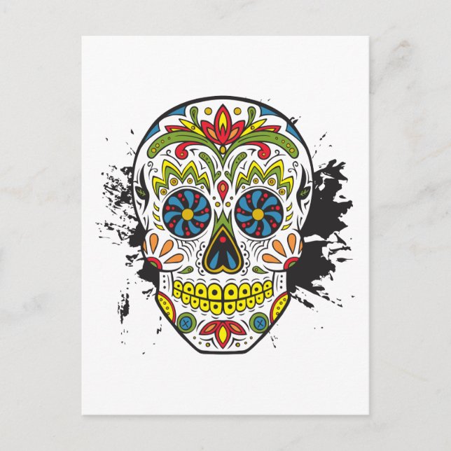 Postal Calavera de azúcar, cráneo de tatuaje, calavera me (Anverso)
