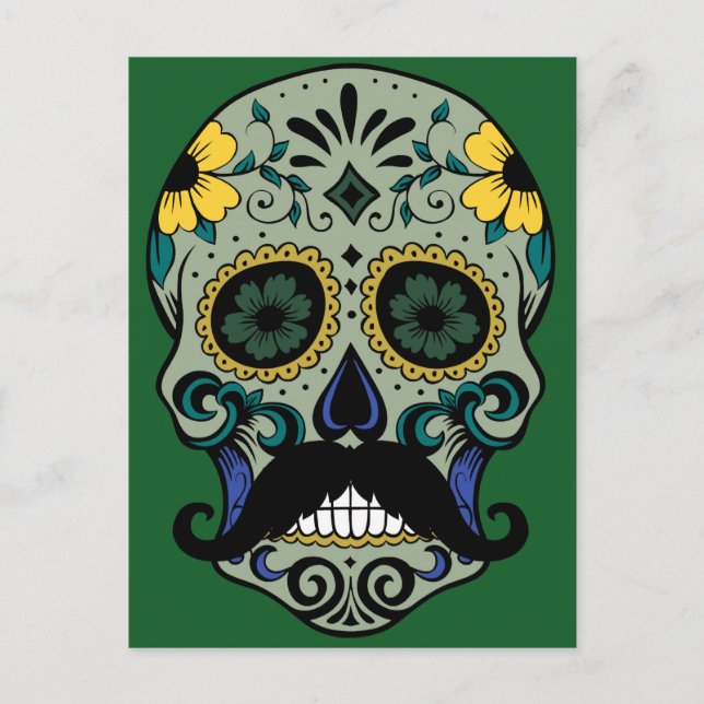 Postal Calavera de azúcar de bigote retro (Anverso)