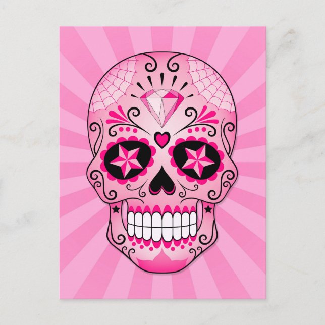 Postal Calavera de azúcar de diamante rosa (Anverso)