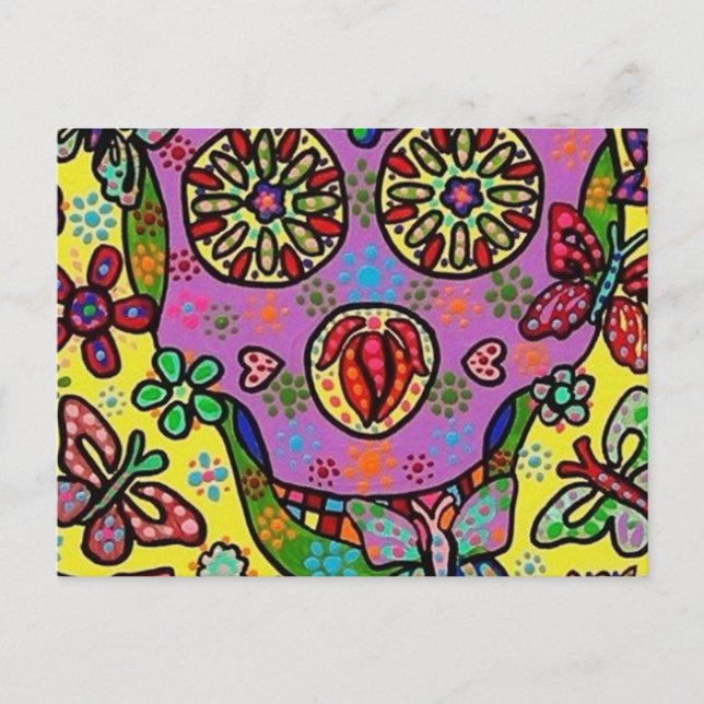Postal Calavera de azúcar de mariposa de flor de sol (Anverso)