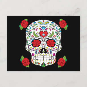 Postal Calavera de azúcar de tatuaje mexicano y rosas roj