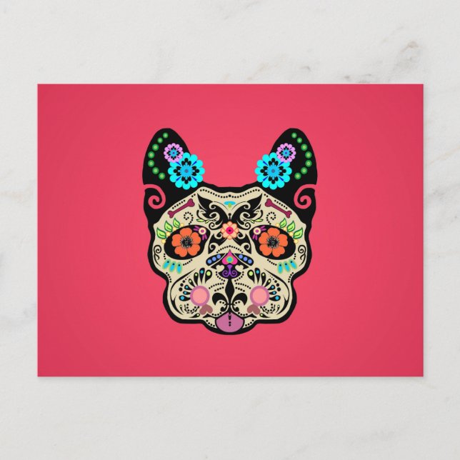 Postal Calavera de azúcar Frenchie - Rosa (Anverso)