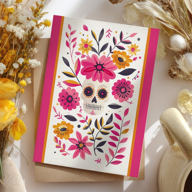 Postal Calavera de azúcar fucsia flores mexicanas Cinco d (Subido por el creador)
