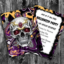 Postal Calavera de azúcar negra y púrpura de Halloween
