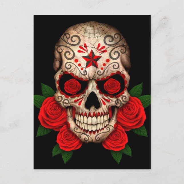 Postal Calavera de azúcar oscuro con rosas rojas (Anverso)