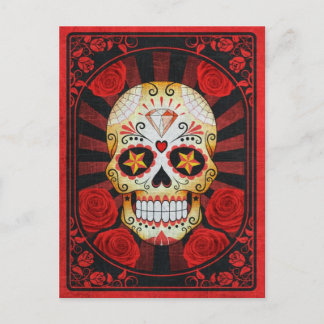 Postal Calavera de azúcar roja vintage con Poster Rosa