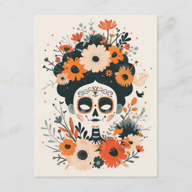 Postal Calavera de azúcar suave con Día de las Flores (Anverso)