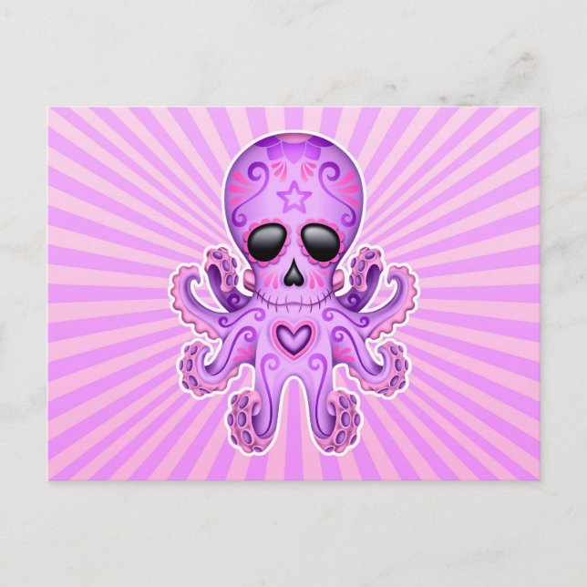 Postal Calavera de azúcar suave pulpo zombie - morado (Anverso)