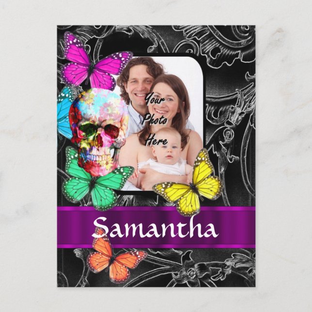 Postal Calavera de azúcar y mariposas florales (Anverso)