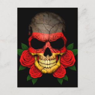 Postal Calavera de bandera alemana con rosas rojas