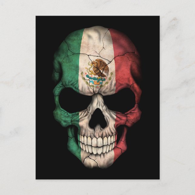Postal Calavera de bandera mexicana en negro (Anverso)