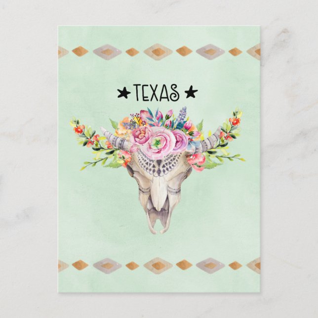 Postal Calavera De Boho De Texas Con Moda De Flores (Anverso)