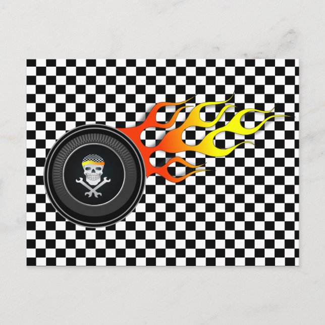 Postal Calavera de carreras en rueda en llamas (Anverso)