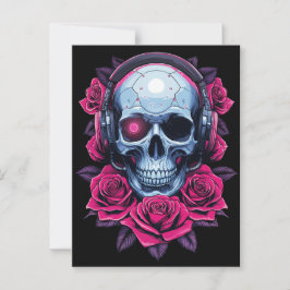 Postal Calavera de cibermuerte en neón y Rosas negros