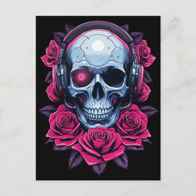 Postal Calavera de cibermuerte en neón y Rosas negros (Anverso)