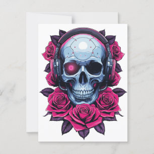 Postal Calavera de cibermuerte neonatal y Rosas blancos