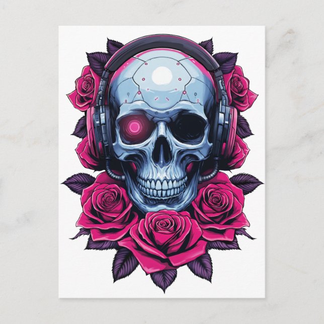 Postal Calavera de cibermuerte neonatal y Rosas blancos (Anverso)