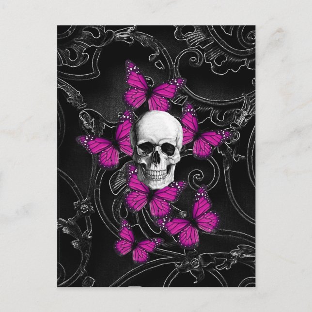 Postal Calavera de fantasía y mariposas rosadas calientes (Anverso)