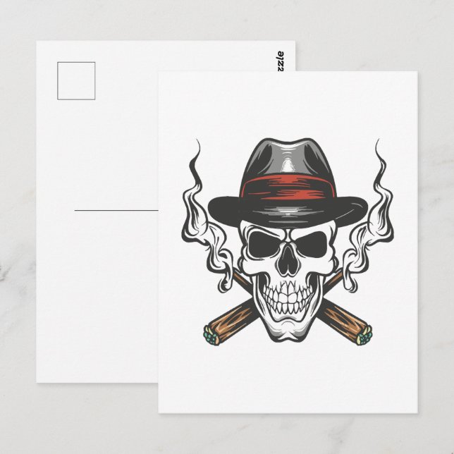 Postal Calavera de gánster con sombrero fedora (Anverso / Reverso)