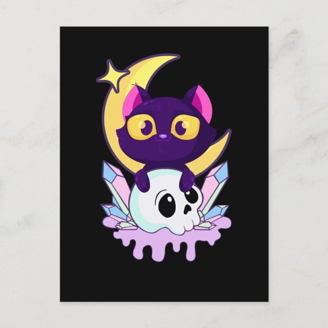 Postal Calavera de gato animal Wiccano luna Goth pastel (Anverso)