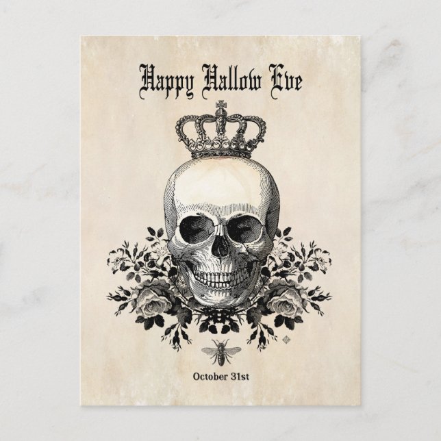 Postal Calavera de Halloween de época moderna con corona (Anverso)