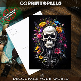 Postal Calavera de horror y esqueleto con flores