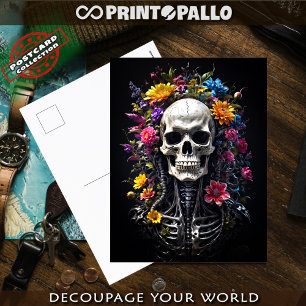 Postal Calavera de horror y esqueleto con flores
