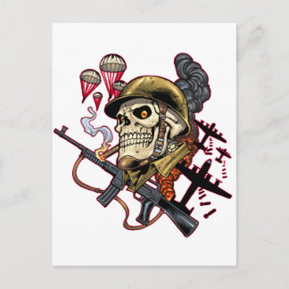 Postal Calavera de humo con casco, aviones y bombas