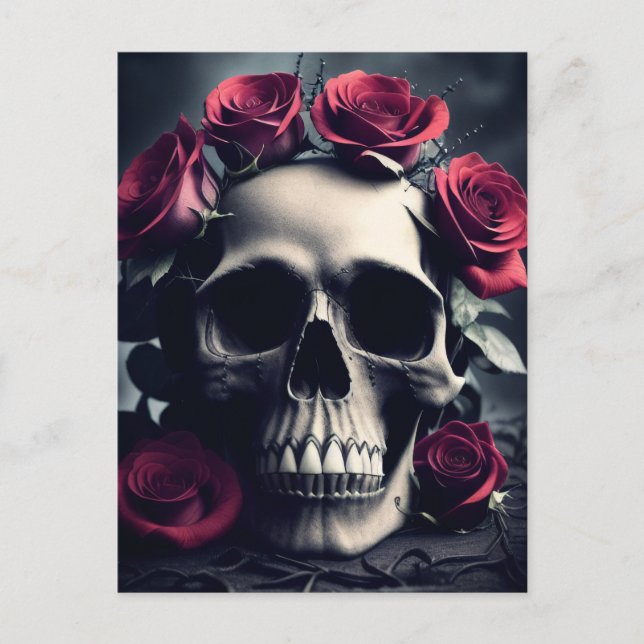 Postal Calavera de la muerte gótica y Rosas (Anverso)