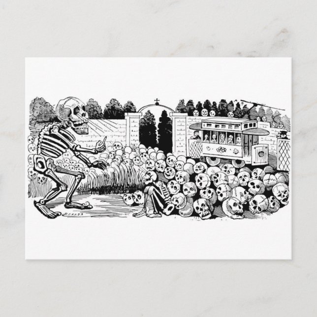 Postal Calavera de los Coches de Trole c. 1907, México (Anverso)