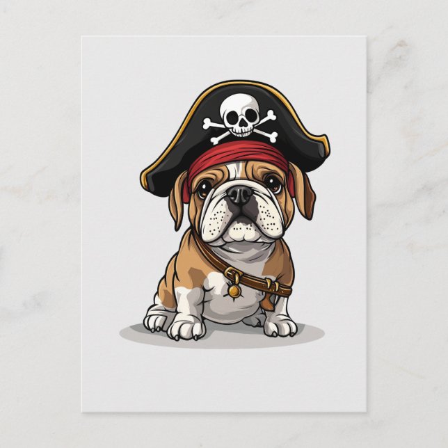 Postal Calavera de perro bulldog inglés pirata con huesos (Anverso)